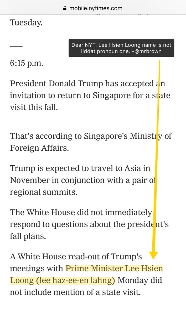 mrbrown's tweet image. Dear NYT, I tried to pronounce my Prime Minister’s name the way you said it should be pronounced. I sprained my tongue. #TrumpKimSummit