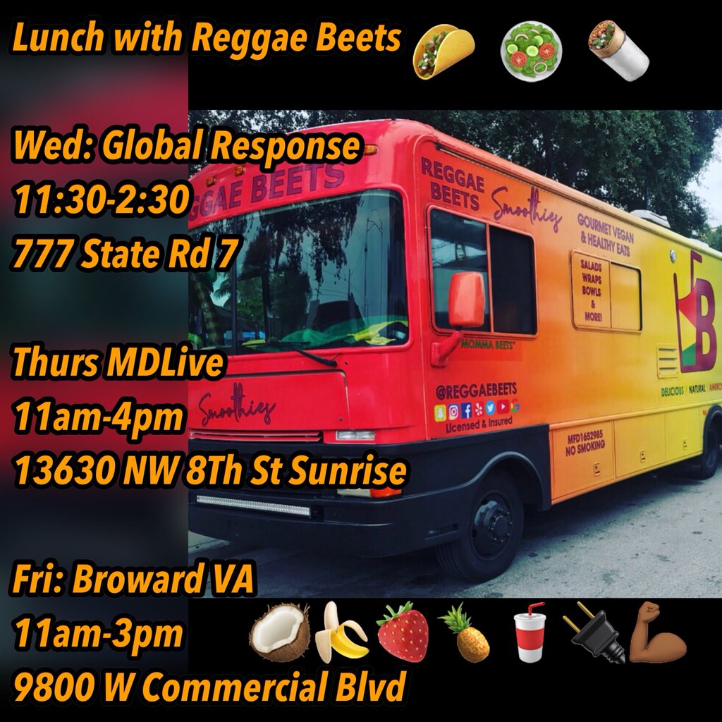 reggaebeets's tweet photo. Lunch Time with Reggae Beets!! Catch us at these Awesome Locations #FollowTheBeet @ReggaeBeets https://t.co/rscALe4o12
#ReggaeBeets #FoodTruck #SmoothieTruck #Vegan #JerkChicken #Tacos #Vegetarian #Health #Delicious #Fresh #Tasty #Smoothies #SmoothieBowl #Detox #Smoothie #Food https://t.co/qI6DY0AuaP