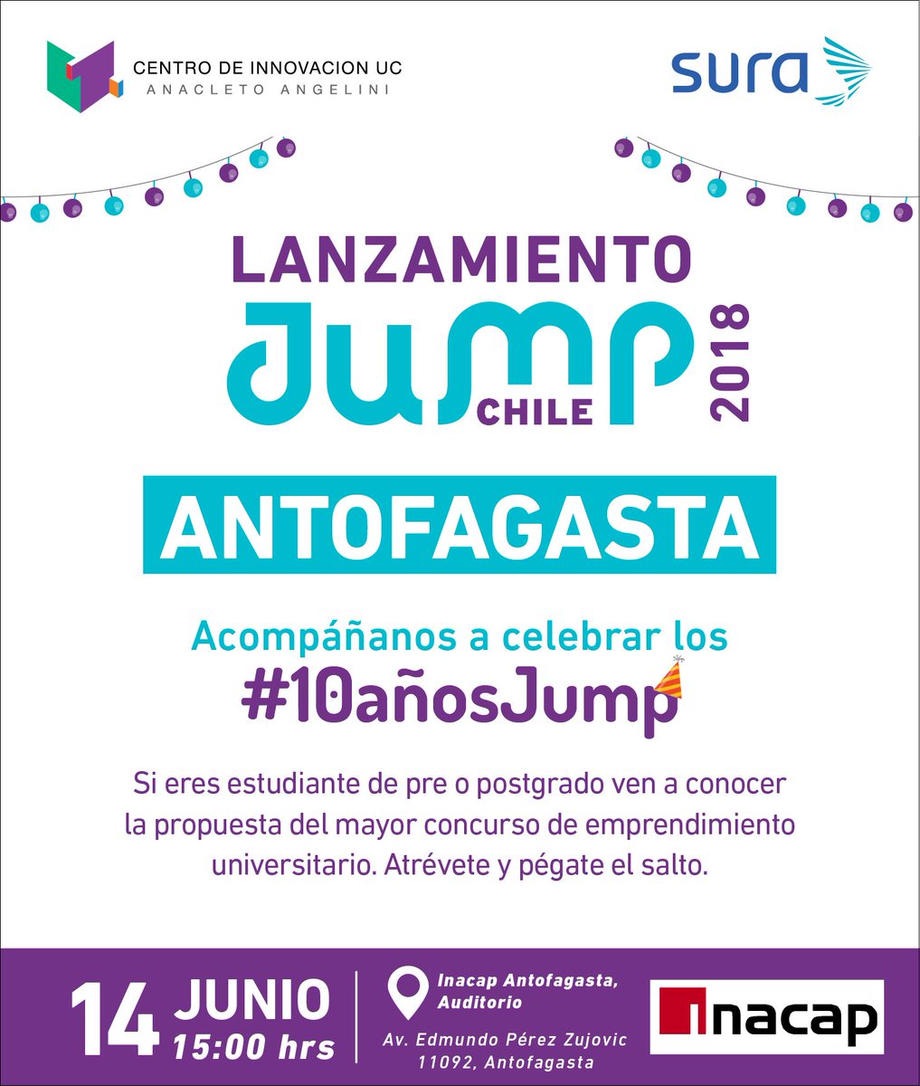 Atención #emprendedores #Antofagasta, este jueves todos invitados al lanzamiento de @jump_chile. Ven a conocer todos los detalles sobre la convocatoria. Atrévete y #Pegateelsalto  💪👏<a href="/inacap_afta/">INACAP Antofagasta</a> #GiraJumpChile