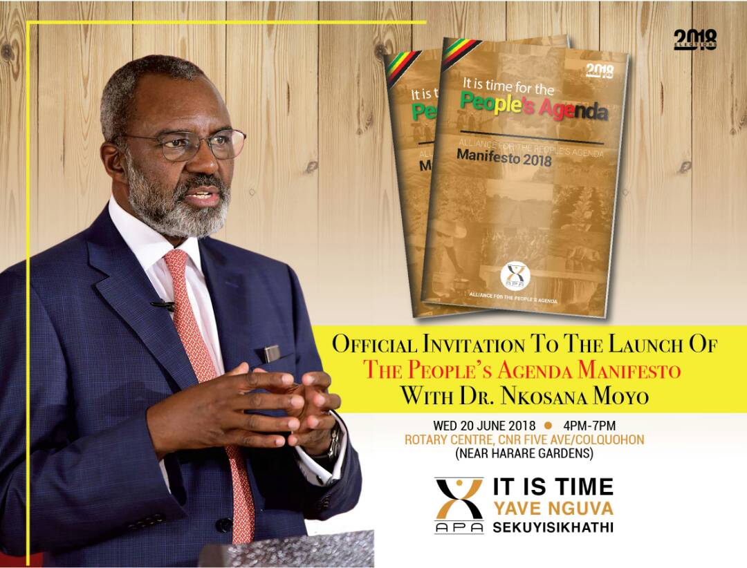 umzamocapital's tweet photo. APA leader, Nkosana Moyo to launch manifesto on 20 June 2018

Venue : Rotary Center near Harare Gardens 

#NkosanaMoyo #APAmanifesto #APAZimbabwe #ZimElections2018 #ElectionsZw #ZimDecides2018 https://t.co/FfSURxzZ7C
