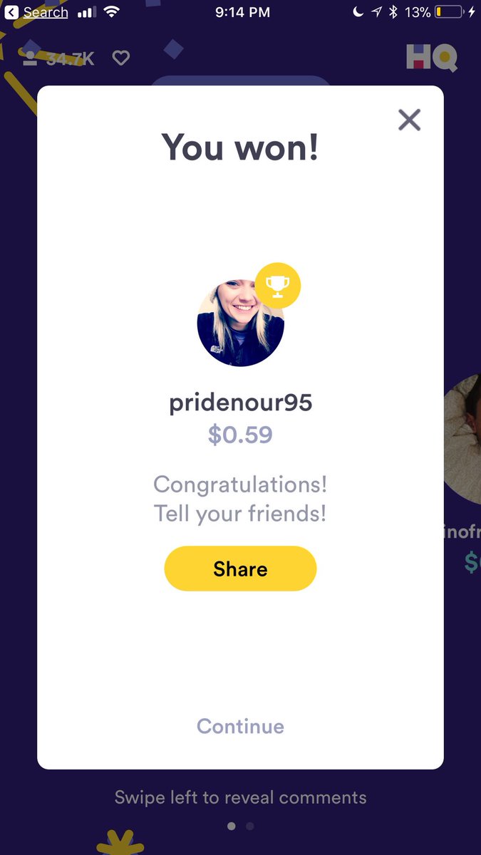 JamieVogler's tweet photo. I’m a 5 time loser on Q11... first time playing HQ Sports on my girlfriend’s phone..... #WinnerBabyyyyyy @ScottRogowsky @SarahPribis https://t.co/zaBhqRjYIa