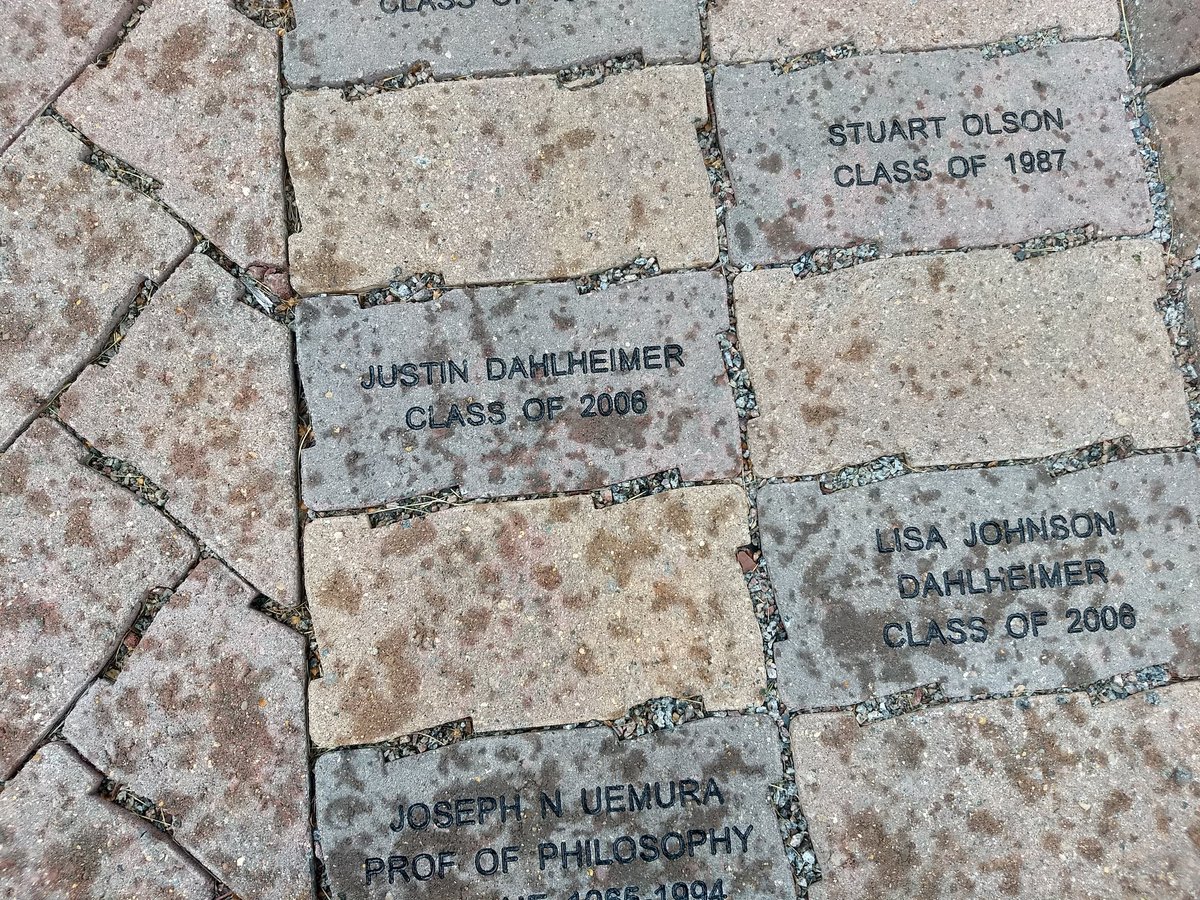 tsvanacker1's tweet photo. Spent the day with Cindy at Hamline today for Piper Preview, as we walked away we noticed these bricks. Comfort comes in the most amazing ways and when I least expect it. @OsakisXC @ScienceKidSid https://t.co/Et6R8hBUXk
