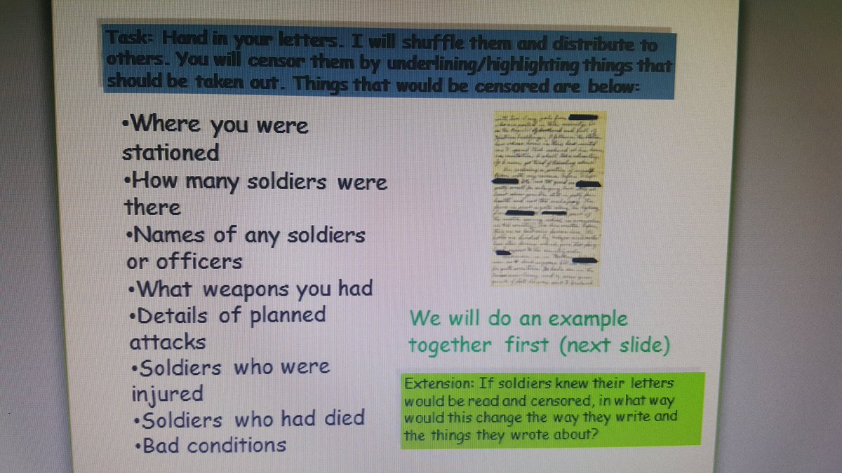JJJHistory's tweet photo. Writing trench diaries today then students will be turned into the role of censors next lesson (unaware of this). Censoring classmates work with highlighters should elicit some good discussion of fairness of policy #historyteacher https://t.co/0oe312vTt6