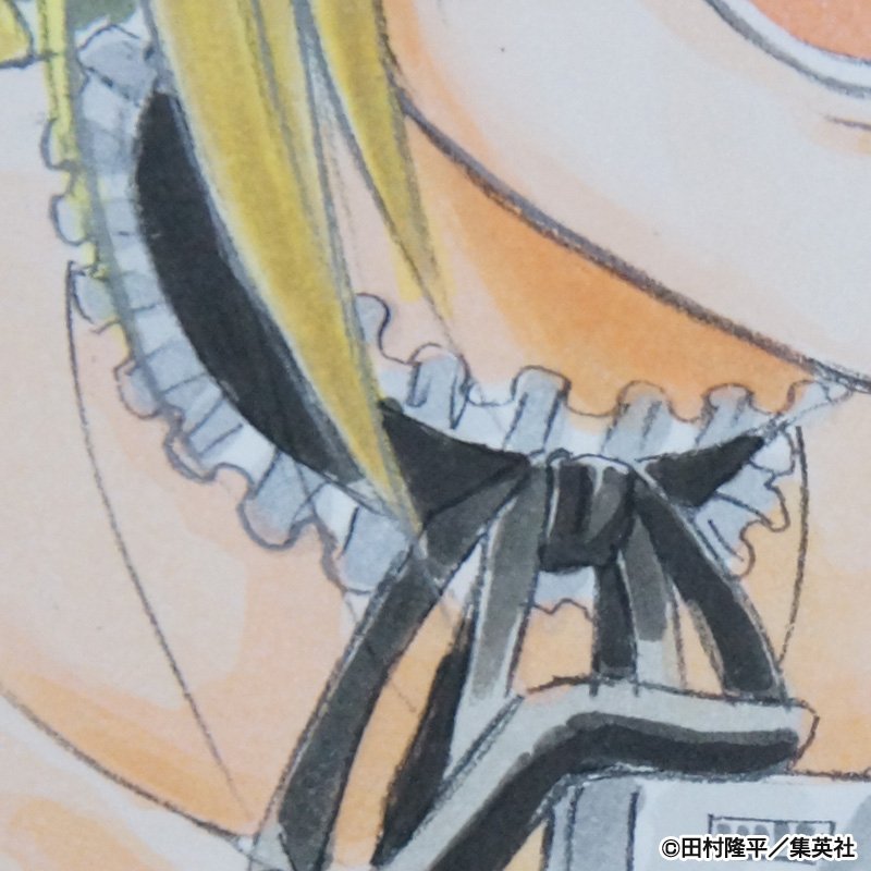 週刊少年ジャンプ展 ジャンプ展 Vol 3 では べるぜバブ の原画を展示 フリルのついたチョーカーは ヒルダの首元 写真を撮ろうとする彼女と男鹿 ベル坊 そして背後の東邦神姫が やわらかいタッチで描かれた原画の全体像を是非会場で T