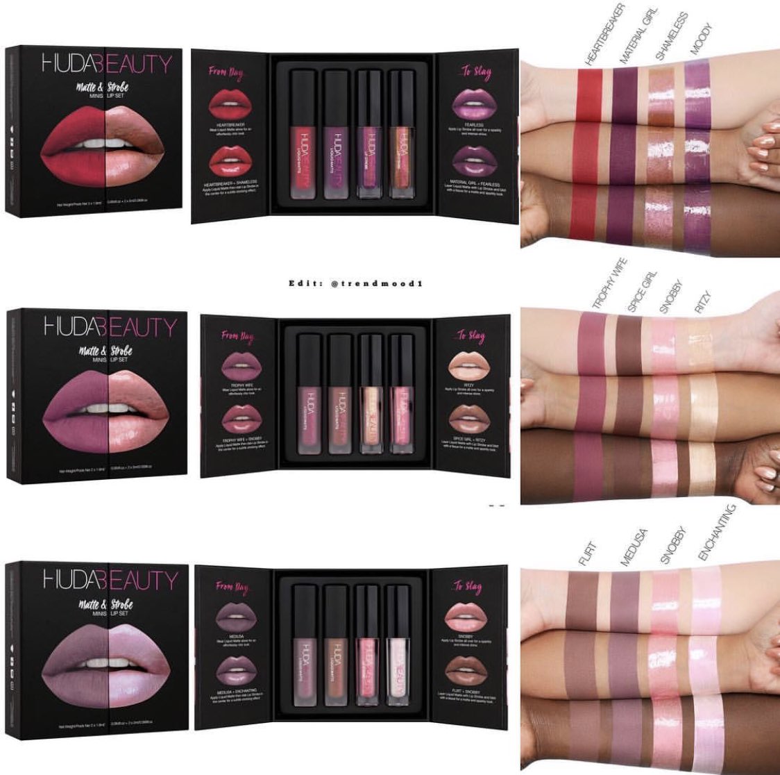 Trendmood's tweet photo. SURPRISE! Available Now! Online @shophudabeauty ๐๐ NEW Lips SETS!!! More Minis!!! By @hudabeauty ๐ Matte & Strobe Sets, Each set includes:
2 mini #MatteLiquidLipstick Shades
2 mini #LipStrobe Shades $33 Each https://t.co/K4LFw7ErpB