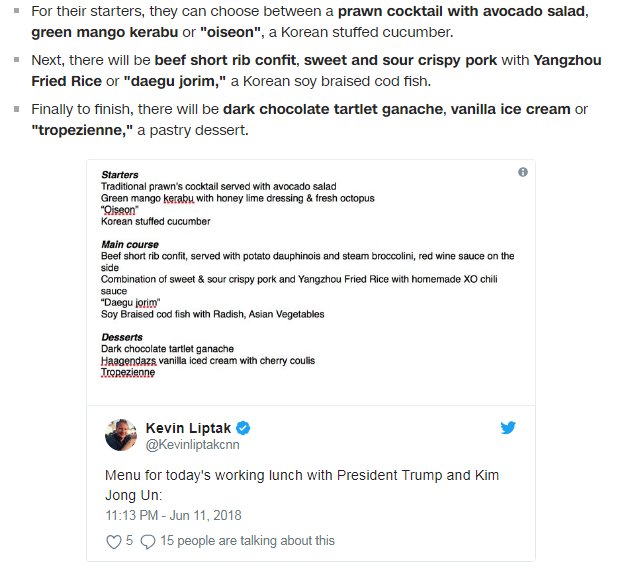 CNN's tweet photo. What Trump and Kim will eat at their first lunch together https://t.co/93IkVcILIU https://t.co/w54jYZGZxQ