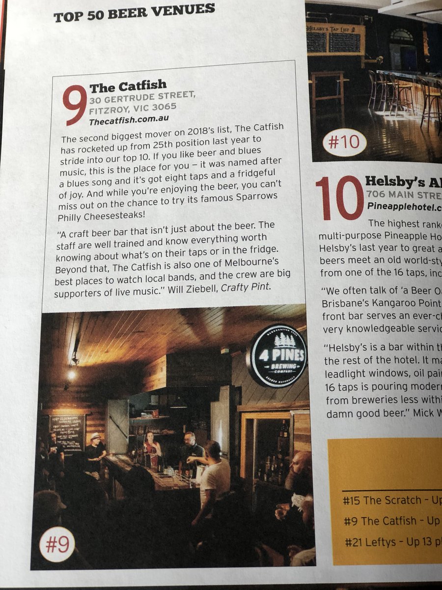 catfishfitzroy's tweet photo. Voted number 9 out of Australia’s top 50 beer venues! We jumped 16 spots, giddy up! @beerandbrewer cheers for the love and support! #craftbeer #beer #beervenue #thecatfish #catfishfitzroy https://t.co/zjP9AYzphj