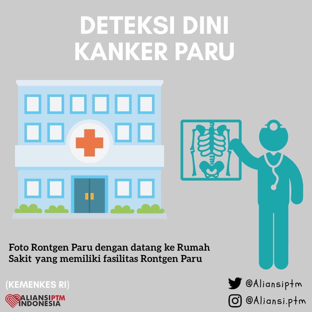AliansiPTM's tweet photo. Yuk kita deteksi kanker paru lebih awal dengan cara foto rontgen paru kita di rumah sakit terdekat yang memiliki fasilitas rontgen paru
Mengetahui lebih awal itu lebih baik loh!
#ncdalliance #cegahPTM #KankerParu https://t.co/RqSWQ6o8Z5