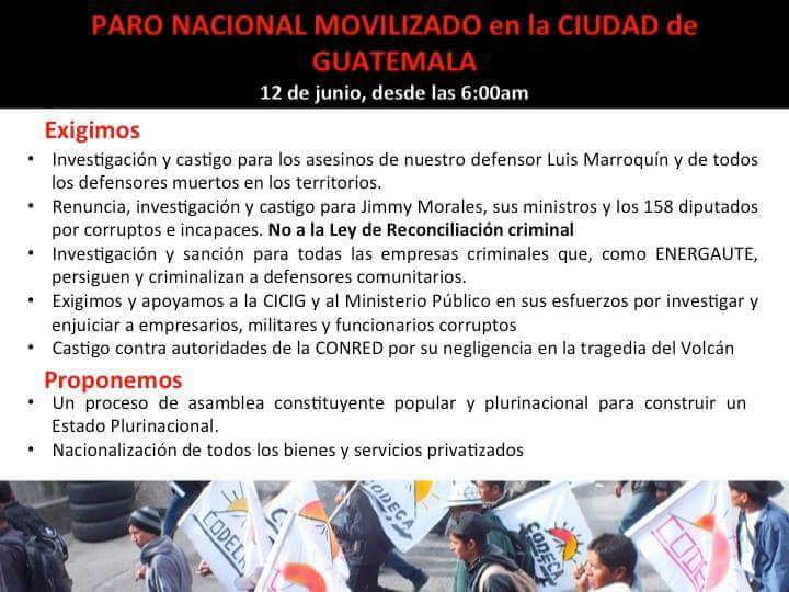 PrensaComunitar's tweet photo. CODECA exige la renuncia, juicio y castigo para @jimmymoralesgt por su implicación en #Corrupcion. Aquí el listado de demandas de la marcha convocada para mañana #12deJunio en la ciudad capital. #FueraJimmy https://t.co/bWTNWLijDj