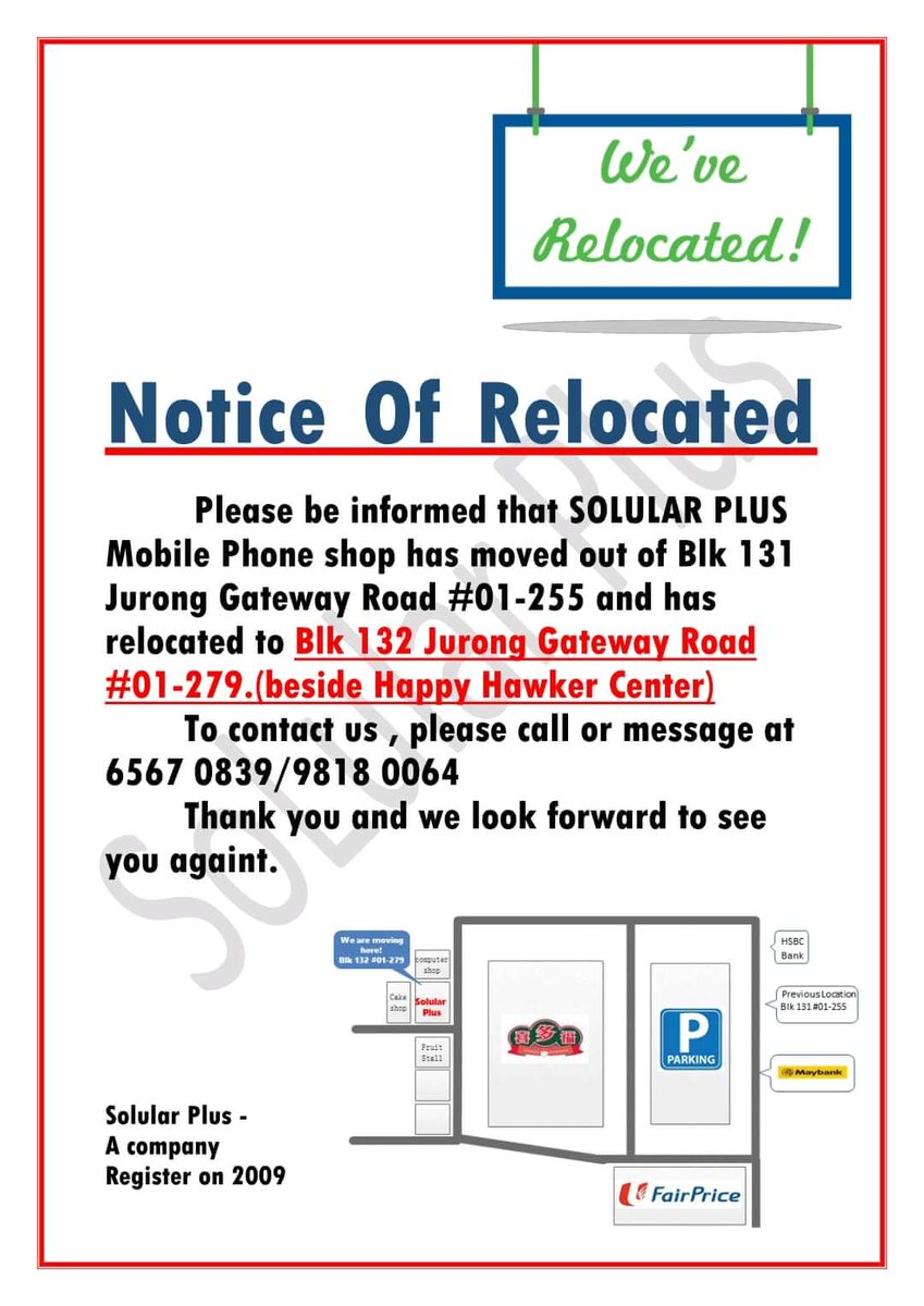 Solularmobile's tweet image. Dear all customer
Here to inform Solularmobile Solular Plus are relocated!
Any enquiry can contact me at 9818 0064

Regard ,
Sam

Message by SOLULAR PLUS management.