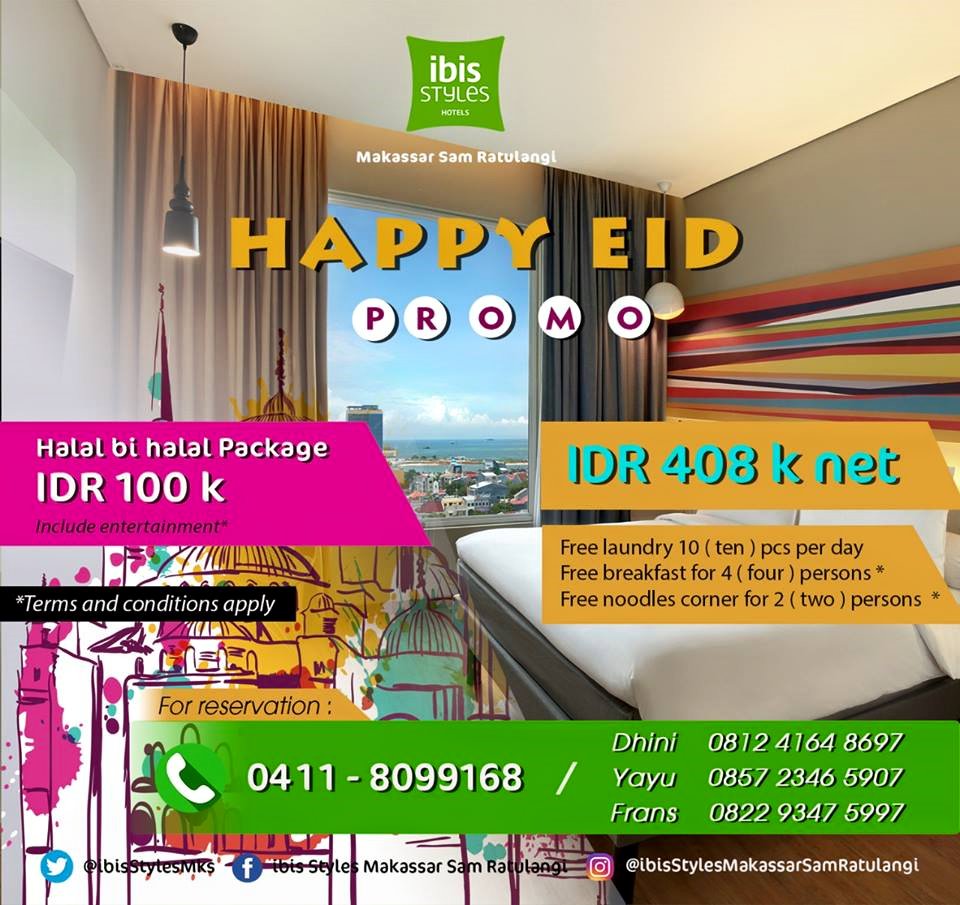 ibisStylesMks's tweet photo. Simpan kamarmu untuk liburan lebaran ini!
Promo kamar dan paket halal bihalal dengan harga yang special.
Hubungi kontak di bio untuk informasi lebih lanjut! https://t.co/srbCTnvRKt