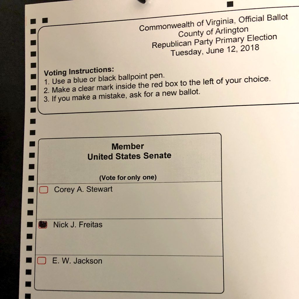 matthewhurtt's tweet photo. Cast my vote for @NickForVA in the #VASen Republican primary. He’s been endorsed by libertarians, traditional conservatives, moderates, and Trump Republicans. That’s an impressive coalition. #LibertyRising https://t.co/xGz6tea8wW