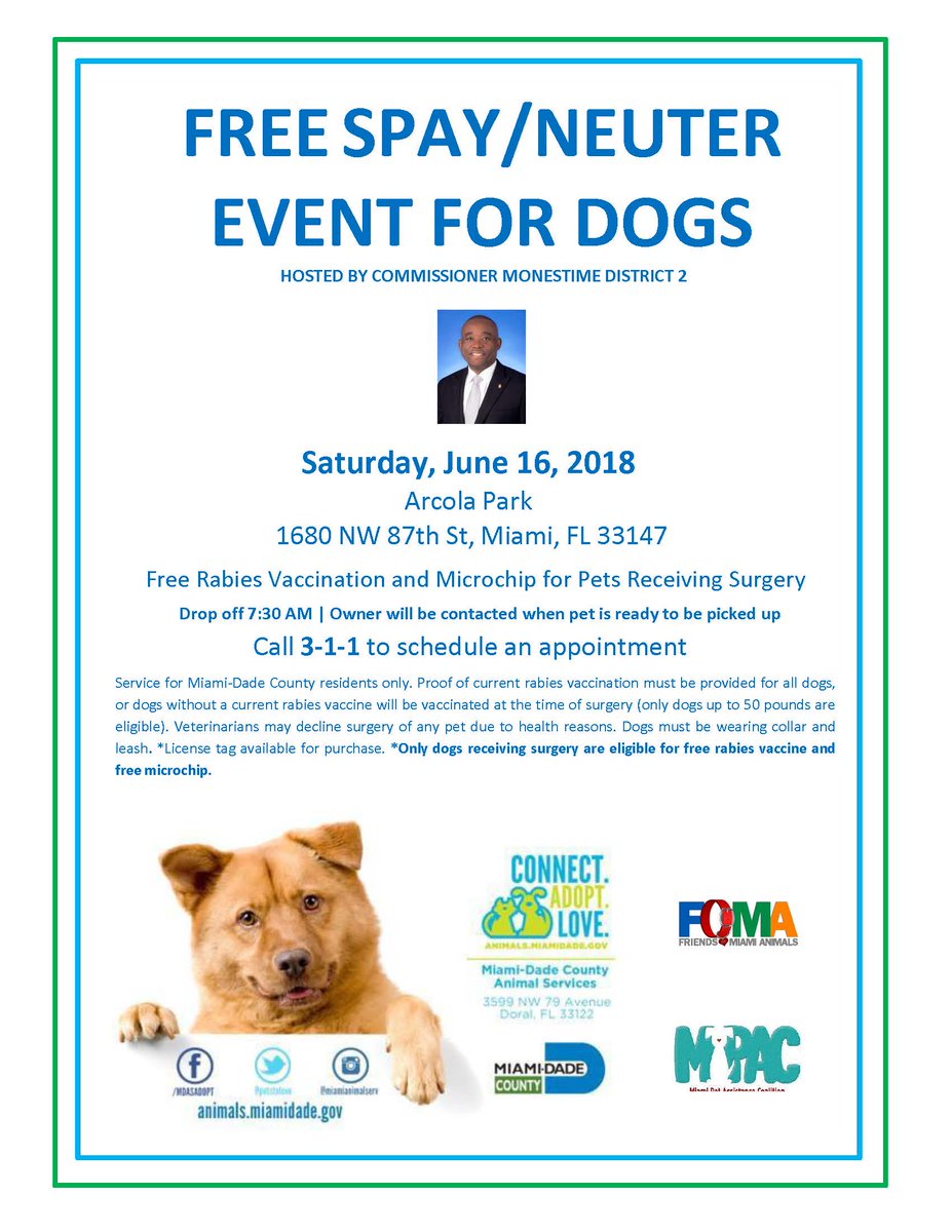 Low income residents in the northeast Miami area can get their dogs (under 50 lbs) spayed/neutered for FREE! And get a free rabies vaccination and free microchip! #SpayNeuter #Miami