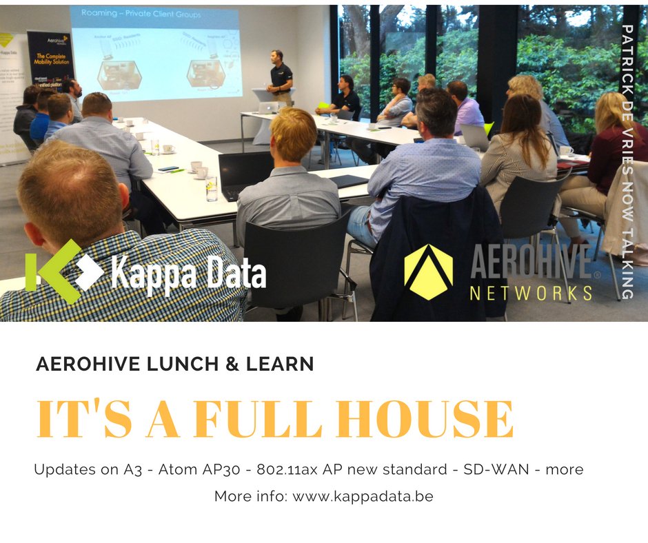 KappaData's tweet photo. It's a full house! Today's update on @aerohive new products at #kappadata is going steady.
Missed it? Contact us at sales@kappadata.be for all your questions. https://t.co/d0aWiDkMdk