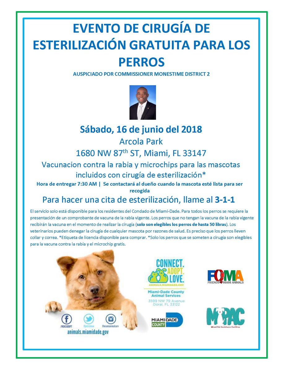 ¡Los residentes de bajos ingresos en el área noreste de Miami pueden esterilizar a sus perros (menos de 50 lbs) GRATIS! ¡Y obtén una vacuna contra la rabia gratis y un microchip gratis! #SpayNeuterMiami