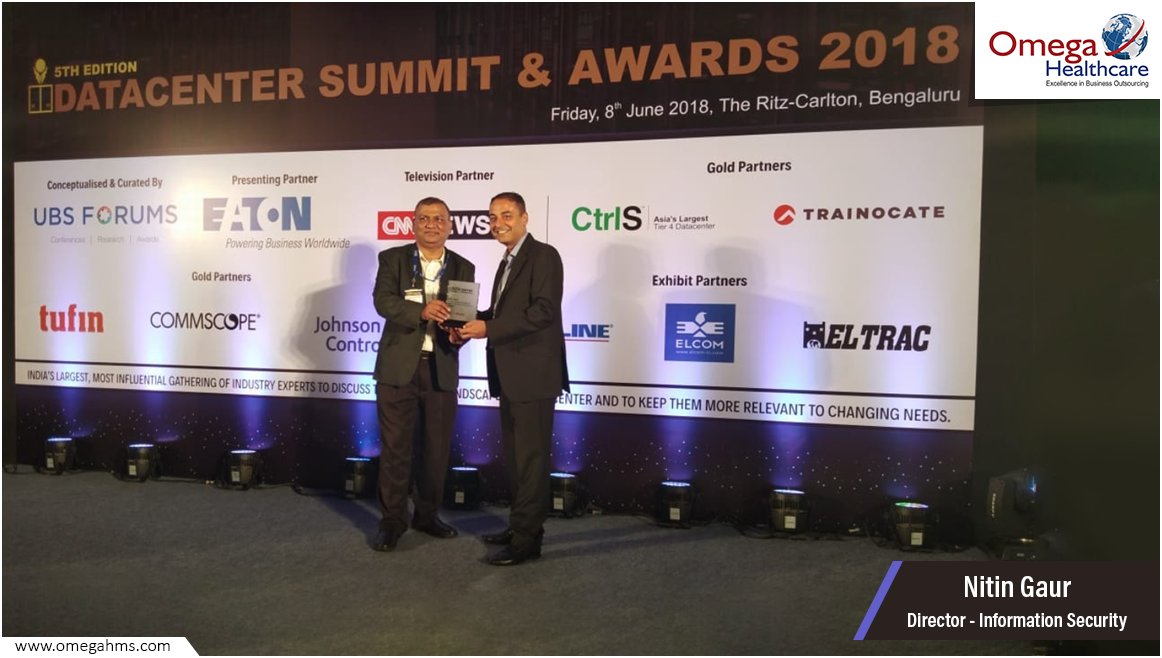 Omega_HMS's tweet photo. Congratulating our Director Information Security, Nitin Gaur on being honored for his best practices in Data Security (Security management) at the 5th Edition Datacenter Summit and Awards #Omegahealthcare #DataCenter2018 https://t.co/iQeQ4qtUTe