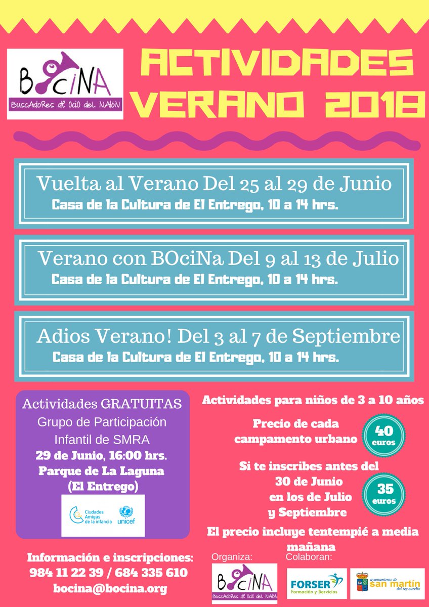 BOciNalon's tweet photo. Ya tenemos todas las actividades del #VeranoBocinero te apuntas? Nos lo vamos a pasar BOciNa! #campamentos #smra #talleres #canciones #infancia https://t.co/tkZVDQ0FLa