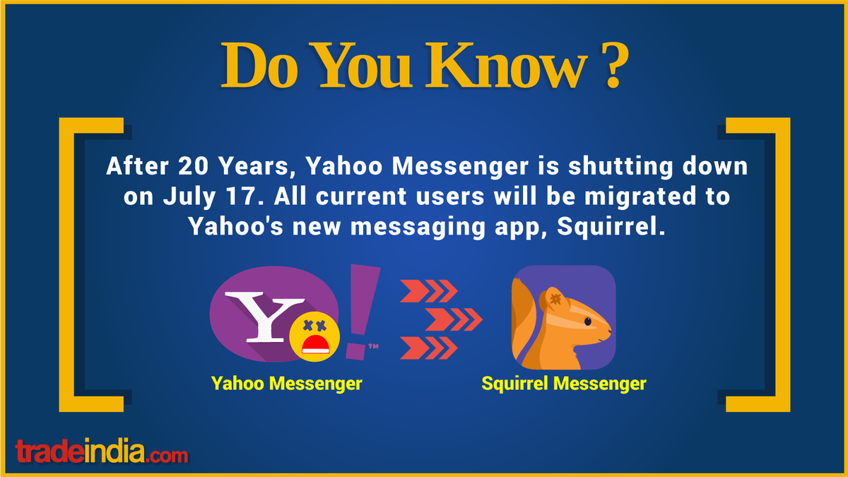 tradeindia's tweet photo. #DoYouKnowFacts 
#YahooMessenger is shutting down. #RIP to our #ChildhoodMemories! #YAHOO #SquirrelApp #DidYouKnow #DidYouKnowThat https://t.co/7ASbLJuxMt