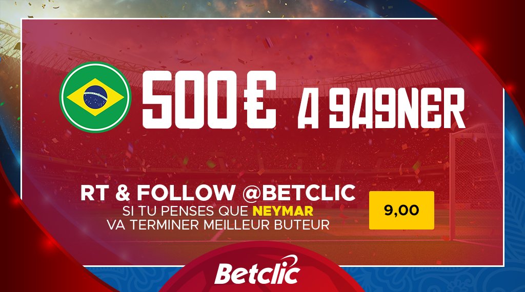 Betclic's tweet photo. 🇧🇷 RT &amp; follow @Betclic si tu penses que Neymar va terminer meilleur buteur !

🤑 5 x 100€ de Freebets à gagner 🤑 https://t.co/mlMh0gU94u
