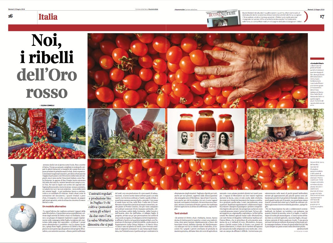 elencomelli's tweet photo. #RosaVaglio: Coltivare i campi senza #sfruttamento è possibile e noi lo stiamo facendo! La storia di #SfruttaZero su @CorriereBN: contro i #ghetti dei #migranti, contro il #caporalato, contro l'#agromafia è nata la #salsa senza #schiavitù #DirittiASud #SackoSoumayla #MigrationEU https://t.co/SsPB58FLlq