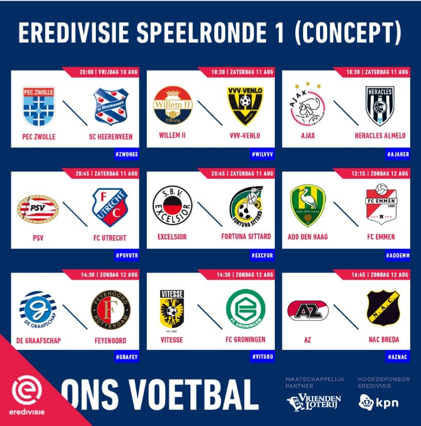 Fútbol Total al Twitter: "OFICIAL 📢. La #Eredivisie da a conocer calendario de la próxima temporada 2018/19. La liga en Holanda da comienzo el viernes 10. Aquí la Jornada 1. (Foto @