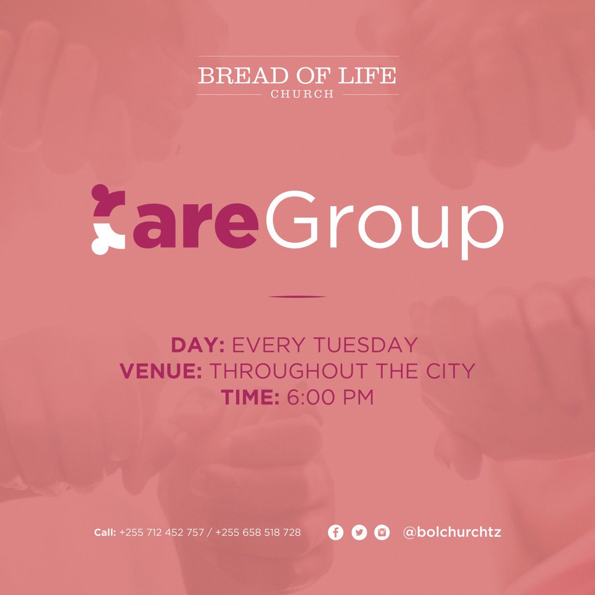 kingstouchurch's tweet photo. Join us Today for Care Group throughout the city of Dar and Arusha from 6:00pm as we study the word of God.
__________

Call 0712 452 757 or 0658 518 728 to find the closest Care Group for you.
__________

#CareGroup  #BOLChurch #word #Tuesday #EveryTuesday #6pm https://t.co/hXMrdsX7ci