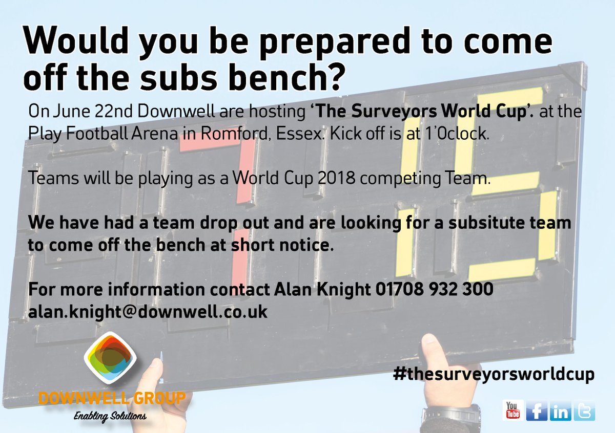 DownwellGroup's tweet photo. Come off the bench and star in the World Cup - no need to worry about the threat of football hooligans or visas. We are looking for a substitute team to take pat in Romfords version of the World Cup
@DavisConstructs #construction @TCIndex #WorldCup2018  #Fiveaside https://t.co/oKjp83LYct