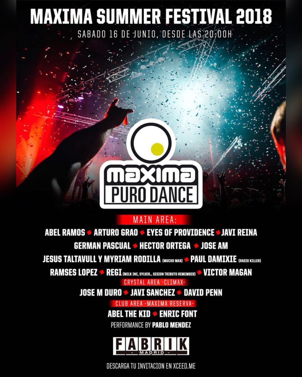 Este sábado en <a href="/fabrikdiscoteca/">FABRIK</a> @maximafm_radio SUMMER FESTIVAL 2018 con <a href="/djabelramos/">Abel Ramos</a> <a href="/Arturograo1/">Arturo Grao 💚🎙</a> @EOPoficial <a href="/DjJaviReina/">Javi Reina</a> <a href="/GermanPascualFM/">Germán Pascual 📻</a> <a href="/JoseAMdeejay/">Jose AM</a> <a href="/abelthekid/">แมวชื่อชาบู</a> <a href="/josemduro/">Jose M Duro</a> <a href="/JaviSanchezFM/">Javi Sánchez</a> <a href="/DJDavidPenn/">David Penn</a> <a href="/RamsesLopezFM/">Ramsés López</a> <a href="/JesusTaltavull/">Jesús Taltavull</a> <a href="/MyriamRodilla/">Myriam Rodilla</a>

madridedm.com/event/maxima-s…