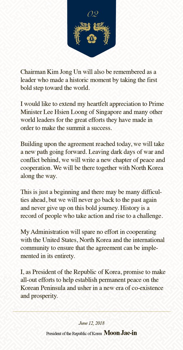 moonriver365's tweet image. I offer my heartfelt congratulations and welcome the success of the historic North Korea-United States summit. This is just a beginning and there may be many difficulties ahead, but we will never go back to the past again and never give up on this bold journey.