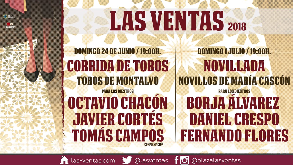 📣 | ¡Estos son los carteles de la corrida de toros del 24 de junio y la novillada del 1 de julio en #LasVentas!

👉 Toros de Montalvo para Octavio Chacón, Javier Cortés y Tomás Campos (confirma)

👉 Novillos de María Cascón para Borja Álvarez, Daniel Crespo y Fernando Flores