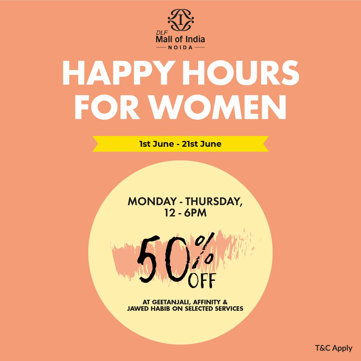 DLFMoI's tweet photo. Melt the heat without leaving the town!
We are back with #HappyHours!
Head over to #DLFMallofIndia with your girl pals and avail ginormous discounts at your favourite salons!
Monday to Thursday, 12 PM to 6 PM, till 21st June.
#HappyHours #WomensSpecial #DestinationMall https://t.co/v6fQNLxuAi