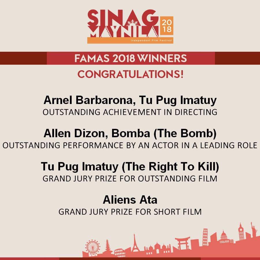 sinagmaynila's tweet photo. Mabuhay ang Pelikulang Pilipino! Mabuhay ang mga nominado at mga nanalo sa #Famas2018 Awards. At isang pagpupugay kina Direk #ArbiBarbarona, #AllenDizon, at sa bumubuo ng #TuPugImatuy at #AliensAta. Mula sa amin dito sa #SinagMaynila 🇵🇭 https://t.co/gCngXYMoaf