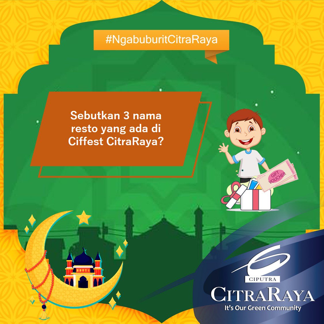 Sambil nunggu waktu berbuka dan nyari takjil, ikutan kuis #NgabuburitCitraRaya yuk, siapa tahu kalian beruntung dan dapat 2 tiket Water World! :)

- Kuis ditutup jam 9 malam ini
- RT kuis sebelum menjawab
- Mention 5 teman