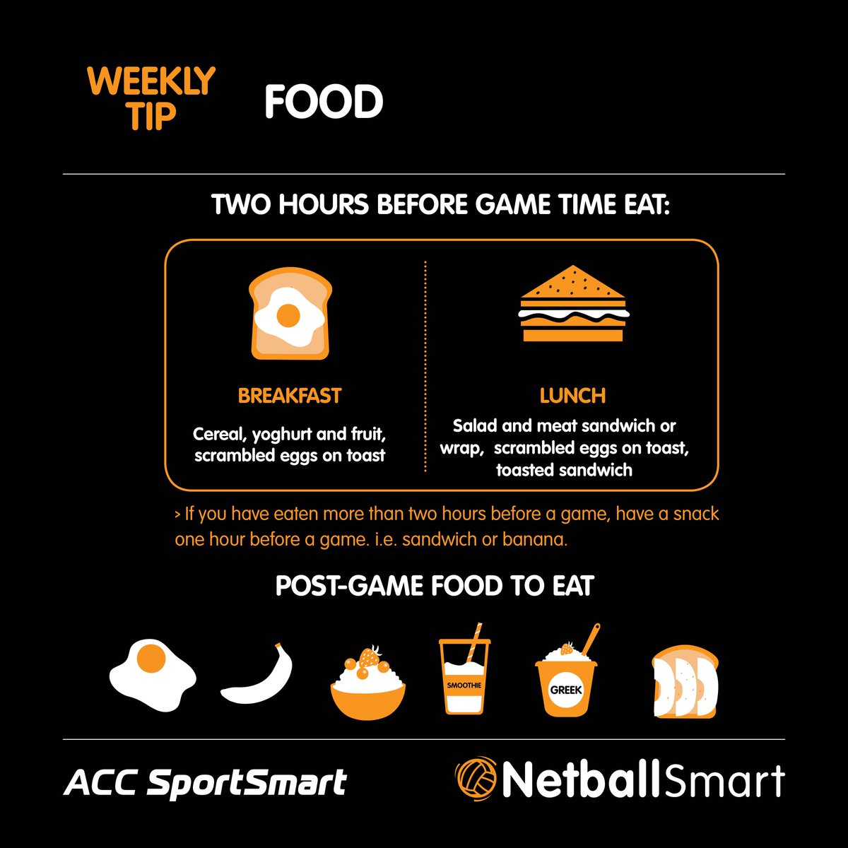 NetballNZ's tweet photo. #NetballSmart | Fuelling your body with key nutrients before &amp; after physical activity maintains your energy levels &amp; helps with recovery. Here are some ideas on what foods you could eat 😀 What is your go to meal?

For more info head to https://t.co/307pQrr6PV

#WeLiveThisGame https://t.co/Mej2MQp0Kc
