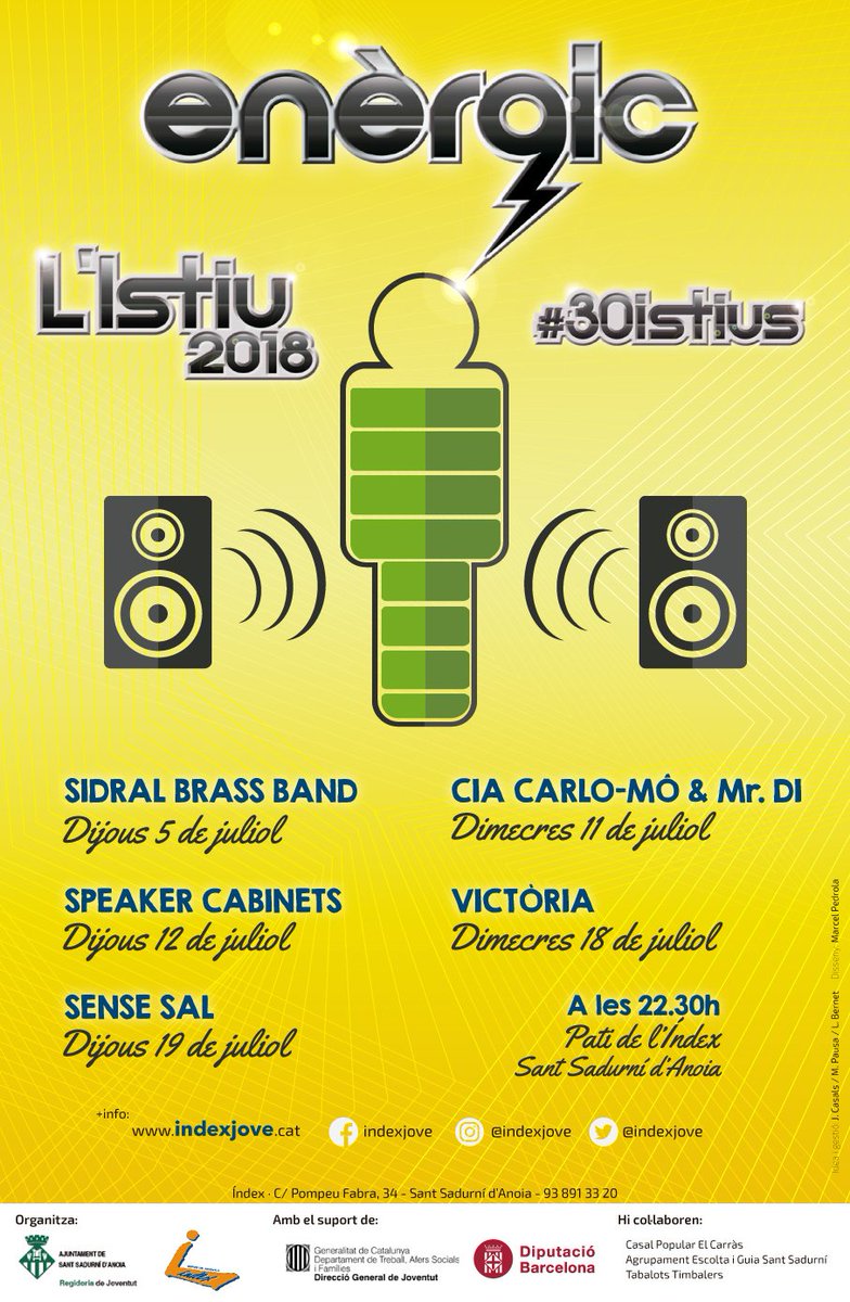 indexjove's tweet photo. L'ISTIU 18. Fem #30istius i contents que ens visitin @SidralBrassBand @speakercabsbcn @victoriagrup @GrupSensesal i Cia Carlo-Mô &amp; Mr. DI #istiu18 #santsadurni https://t.co/8guJPGAkHf