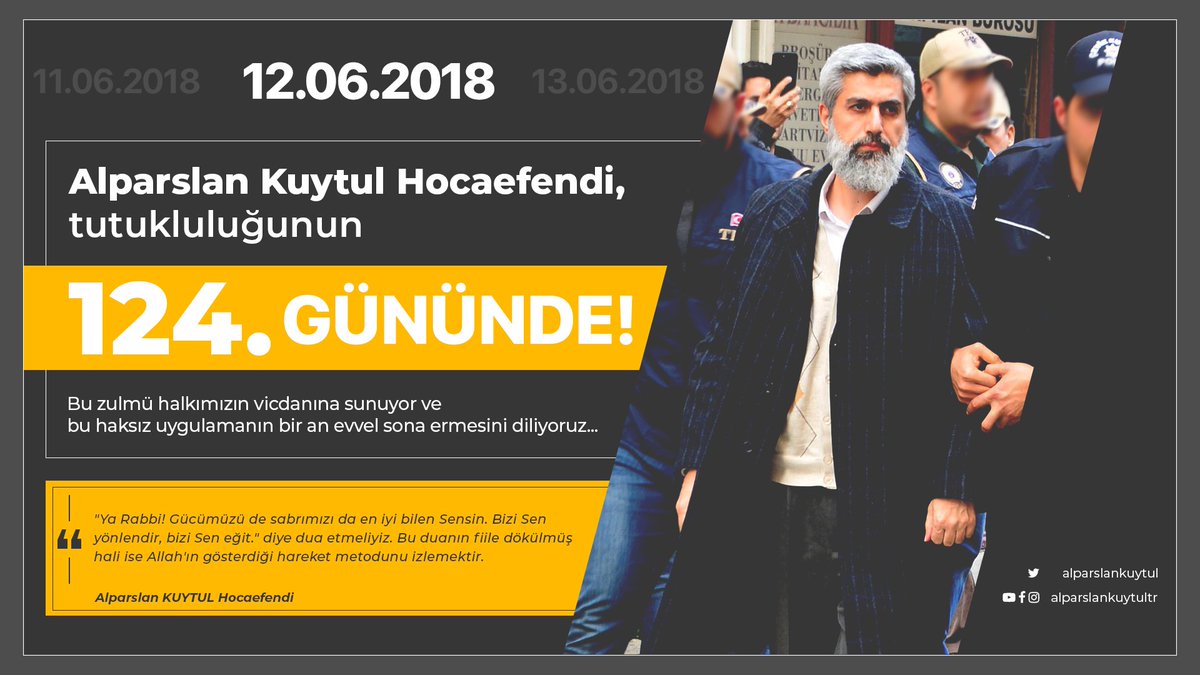 MedyaFurkan's tweet photo. Alparslan Kuytul Hocaefendi, tutukluluğunun 124. gününde! 
Bu zulmü halkımızın vicdanına sunuyor ve bu haksız uygulamanın bir an evvel sona ermesini diliyoruz... https://t.co/jRBRZzvYgZ