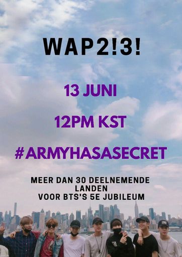 WAPNetherlands's tweet photo. Guys, het is eindelijk tijd! Het duurt nog maar 1 dag voor de video wordt geüpload. Help ons alsjeblieft #armyhasasecret te trended!💜 https://t.co/B5fRLxkUxl