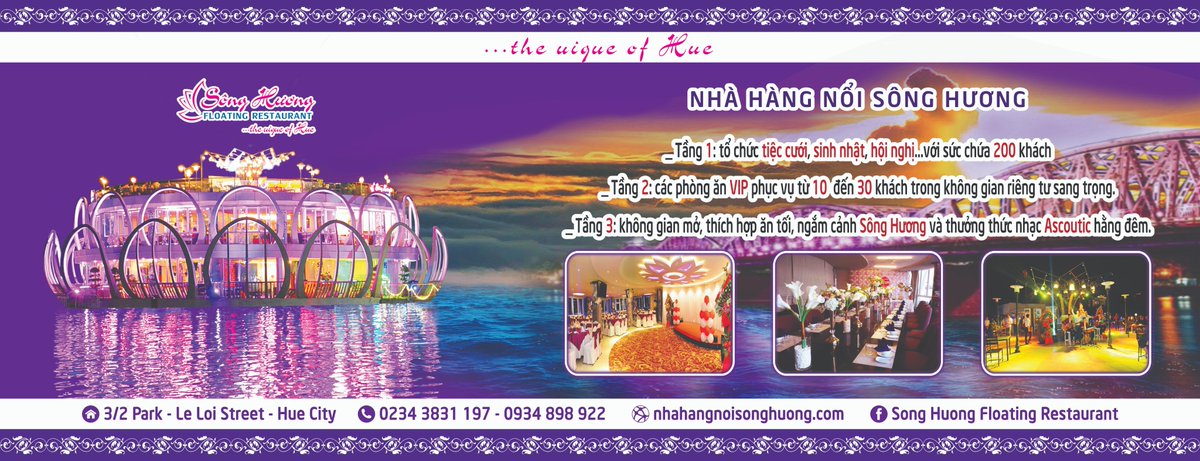 SongHuong2020's tweet photo. Song Huong Floating Restaurant 
Add: 3/2 Park - Le Loi Street - Hue City - VietNam
Tell: 0234.3831.197 - 0934.898.922
Email: info@nhahangnoisonghuong.com
Website: https://t.co/DE7Ftr8LS0
Facebook: Song Huong Floating Restaurant https://t.co/8rvIEvlh0K