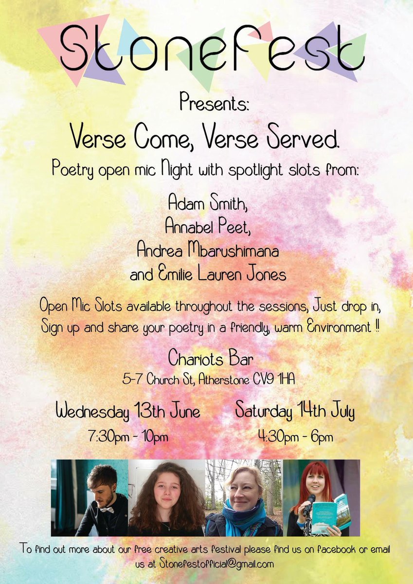 StonefestArts's tweet photo. Verse come, Verse served is a brand new #poetry open mic event taking place on Wednesday 13th June 2018 No need to book just come along and read a poem or two. We also have Some amazing Spotlight poets coming to #entertain and #inspire you all. 

13/6/18
7:30 - 10, Chariots Bar, https://t.co/u670yHLVN6