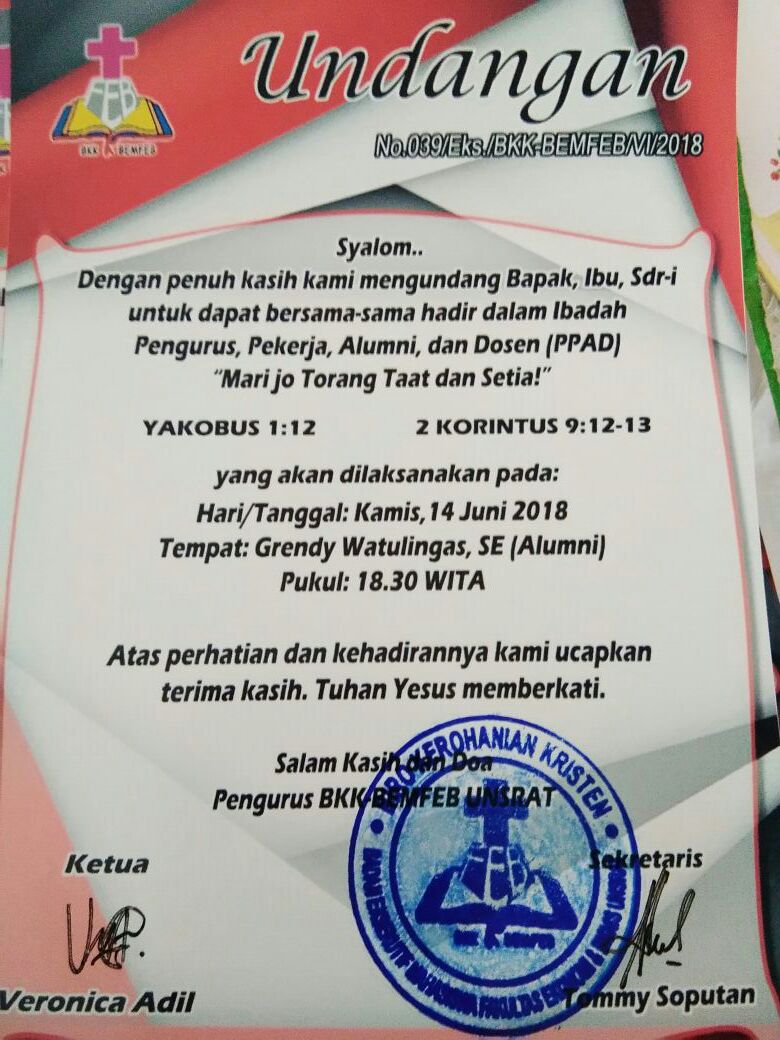 Syalom..
Diinformasikan bahwa pada hari Kamis, 14 Mei 2018 jam 18.30 akan dilaksanakan Ibadah Pengurus Pekerja Alumni dan Dosen yang bertempat di rumah Kak Grendy Watulingas, SE (Alumni).
Jangan lupa datang ya...

Tuhan Yesus memberkati😇