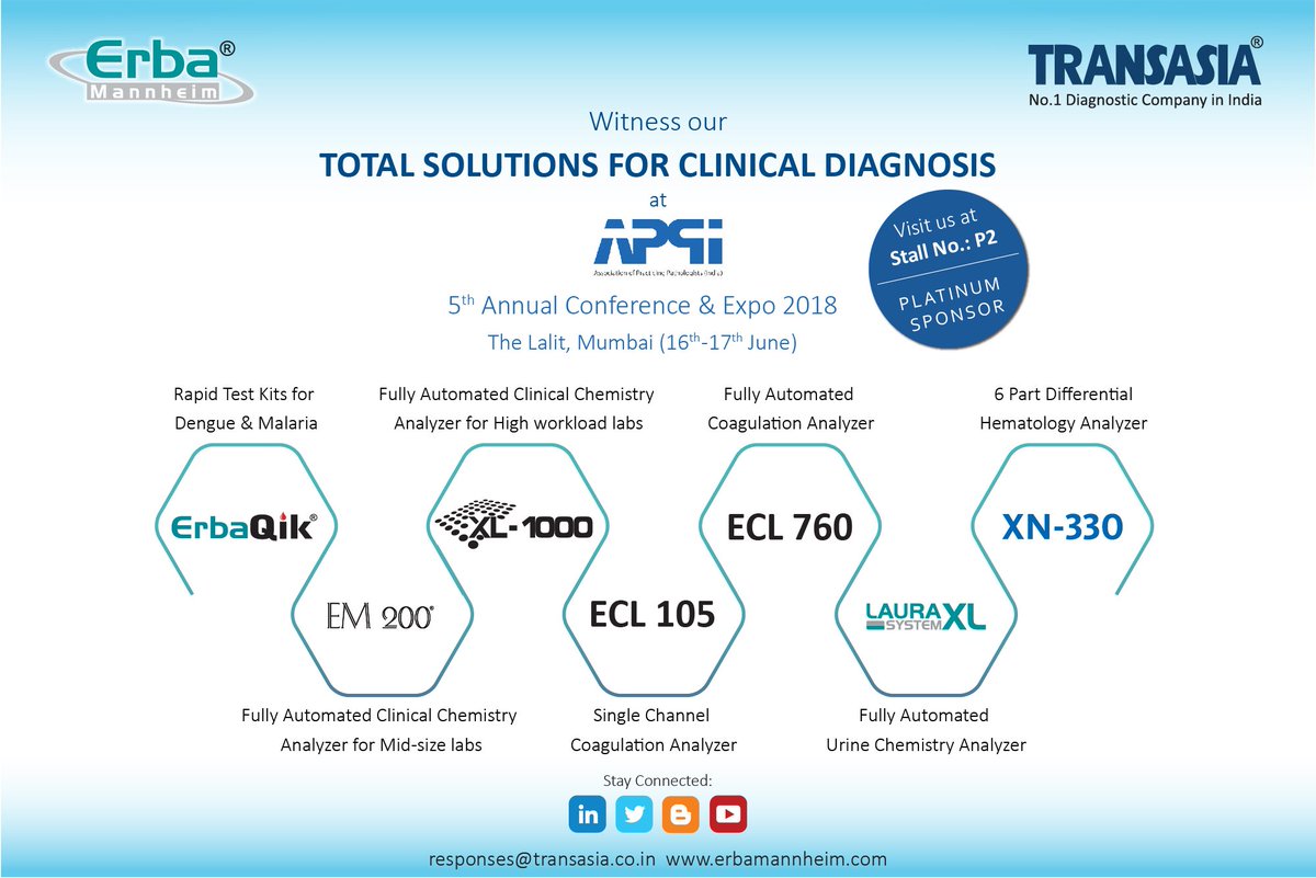 Transasia_1's tweet photo. 4 Days to go - We are all set to welcome you at 5th Annual Conference &amp; Expo 2018 at The Lalit Plaza. Register yourself for Plenary session and choose your workshops to attend - https://t.co/AicRQOCTvH
#diagnostics #pathologists #appi2018 #invitro-diagnostics #appiconference2018 https://t.co/EG2RdxdOEQ