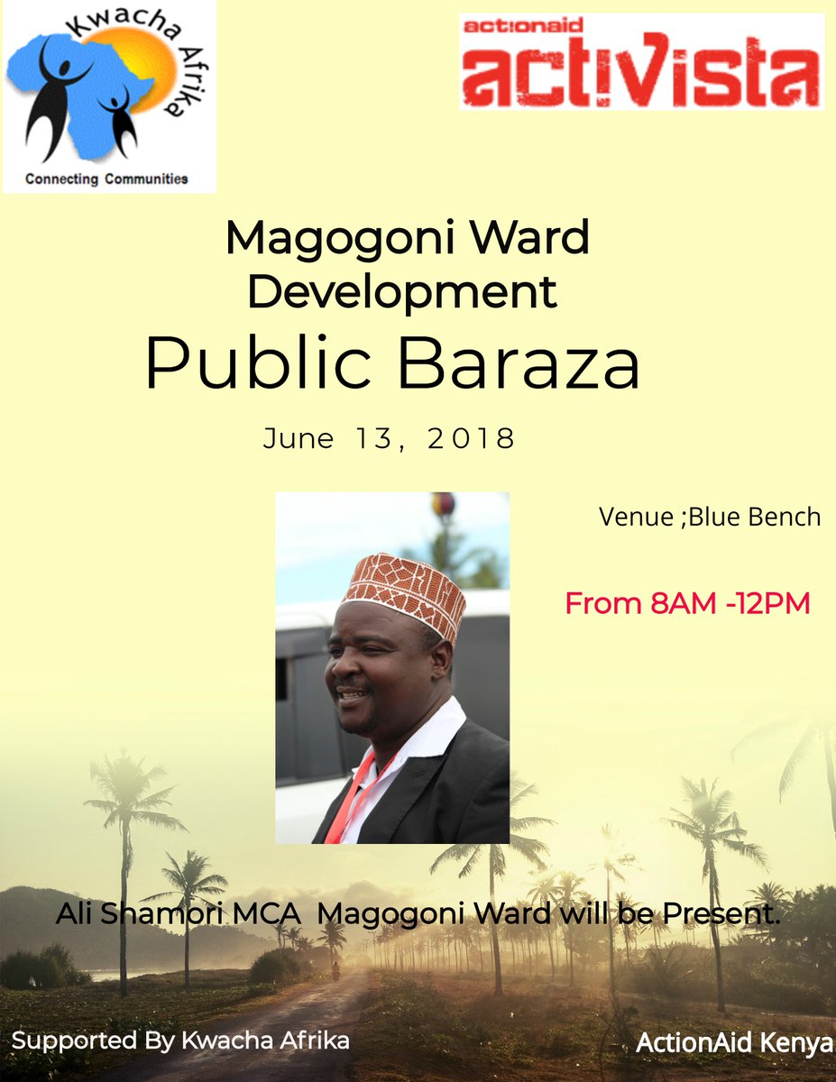Kwacha Afika welcomes Magogoni ward residents to public Baraza on 13.6.2018...at Blue Bench  Save The Date @activistacoast <a href="/ActionAid_Kenya/">ActionAid Kenya</a> <a href="/MUHURIkenya/">Muslims for Human Rights (MUHURI)</a> <a href="/HakiAfrica/">HAKI Africa</a> <a href="/HakiCentre/">Haki Centre</a> <a href="/SubcountyAdmin/">SUBCOUNTY ADMIN</a> <a href="/msayouthsenate/">Mombasa Youth Senate</a> <a href="/tendasasa/">Act Change Transform (Act!)</a> <a href="/UraiaTrust/">Uraia Trust</a> <a href="/ForumSyd_ESA/">Forum Syd Hub Eastern & Southern Africa</a> <a href="/SITUMAJOB/">JOB SITUMA</a> <a href="/EvansKasena/">Evans kasena</a>