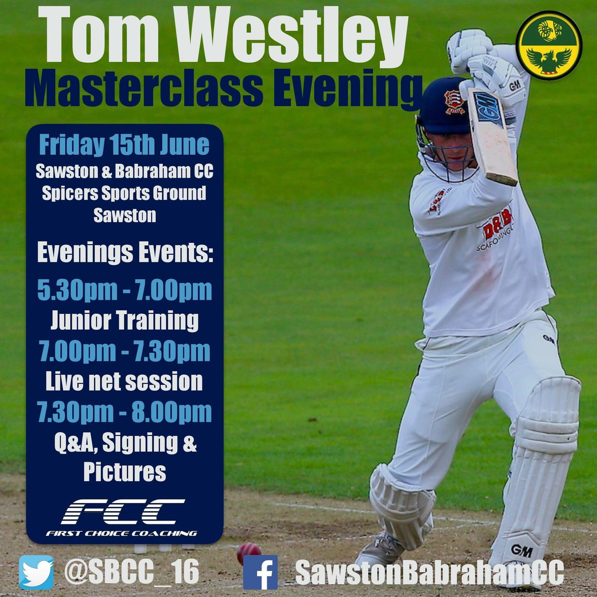 SBCCRAMS's tweet photo. REALLY exciting event planned for this Friday's @Westley21 Masterclass Evening!
Free for all & will be a super event for both Junior & Senior cricketers to attend & meet an England cricketer ππΌ #SBCC #RAMSπ #TomWestleyMasterclass #FCC #FirstChoiceCoaching @Cricket_East https://t.co/IhTTiO3w8F