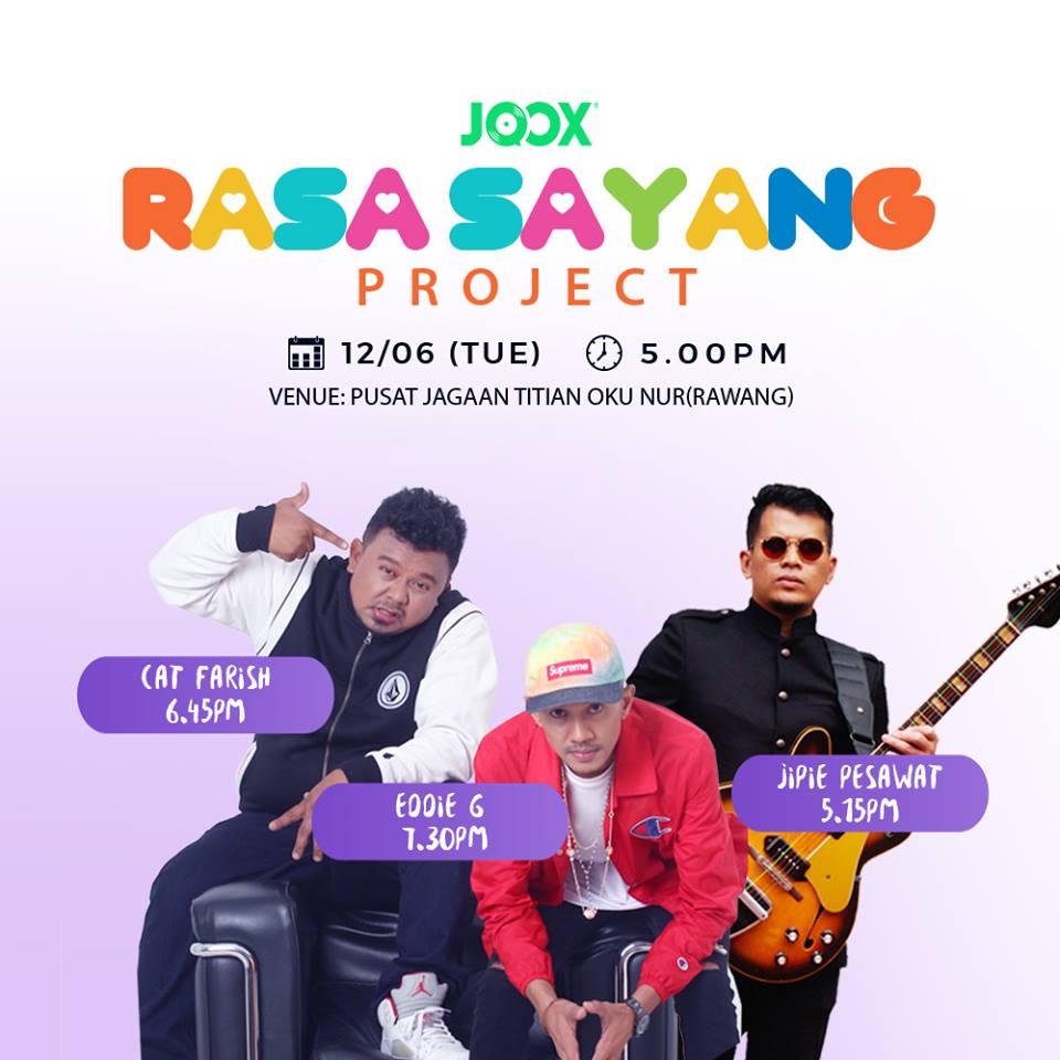JOOXMY's tweet photo. Jangan lupa saksikan #jooxrasasayang LIVE bersama @catfarishHM , @eddieghiller, dan juga @jipie_ @pesawat di Rumah Jagaan Tititan OKU Nur di Rawang. bermula jam 5.00 petang ini!
RSVP: https://t.co/5akvzn9qeO
#jooxmy #jooxmusic #jooxrasasayangproject #catfarish #eddieg https://t.co/qw2Se4YCWC