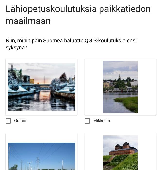 gispofinland's tweet photo. Hei, mihin päin Suomea haluatte QGIS-koulutuksia ensi syksynä? Vastaa alta pikakyselyyn: https://t.co/DevySgC14s #QGIS #GispoLearning #lähiopetus https://t.co/QxIxbdDqRX