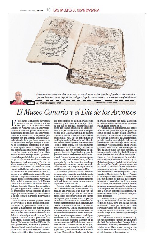 Artículo sobre el Día Internacional de los #Archivos #ArchivosParaNoOlvidar 'El Museo Canario y el Día de los Archivos' #Canarias #IAD18