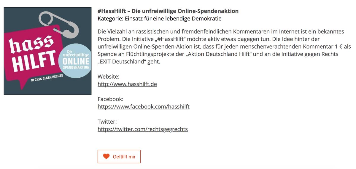 RechtsgegRechts's tweet photo. #HassHilft und viele andere tolle Initiativen sind für den #SmartHeroAward18 nominiert. Ihr habt drei Stimmen und das Team von #HassHilft würde sich tierisch freuen, eine davon zu bekommen ;-)
#KurzUndSchmerzlos - zumindest für euch.
https://t.co/LOZEIpeabe #hasshilft #sha18 https://t.co/NcwrwgoT4w