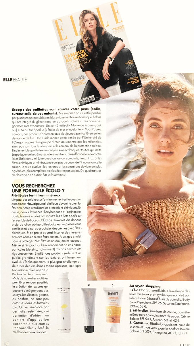 [Adoré dans le dernier numéro du <a href="/ELLEfrance/">ELLE</a>]  
💕☀️
La crème solaire #AlaenaCosmetiques sélection coup de coeur et green de <a href="/ValentinePetry/">valentine petry</a> 
☀️💕
#Editorial #Beauty