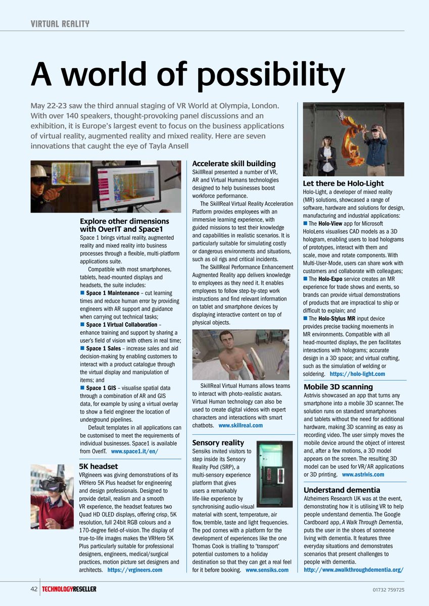 OverIT_FSM's tweet photo. #TechnologyReseller included #Space1 into a panel of seven #AR/#MR/#VR innovations to be taken in consideration in business! @Engineeringspa https://t.co/MArjOe22Hu