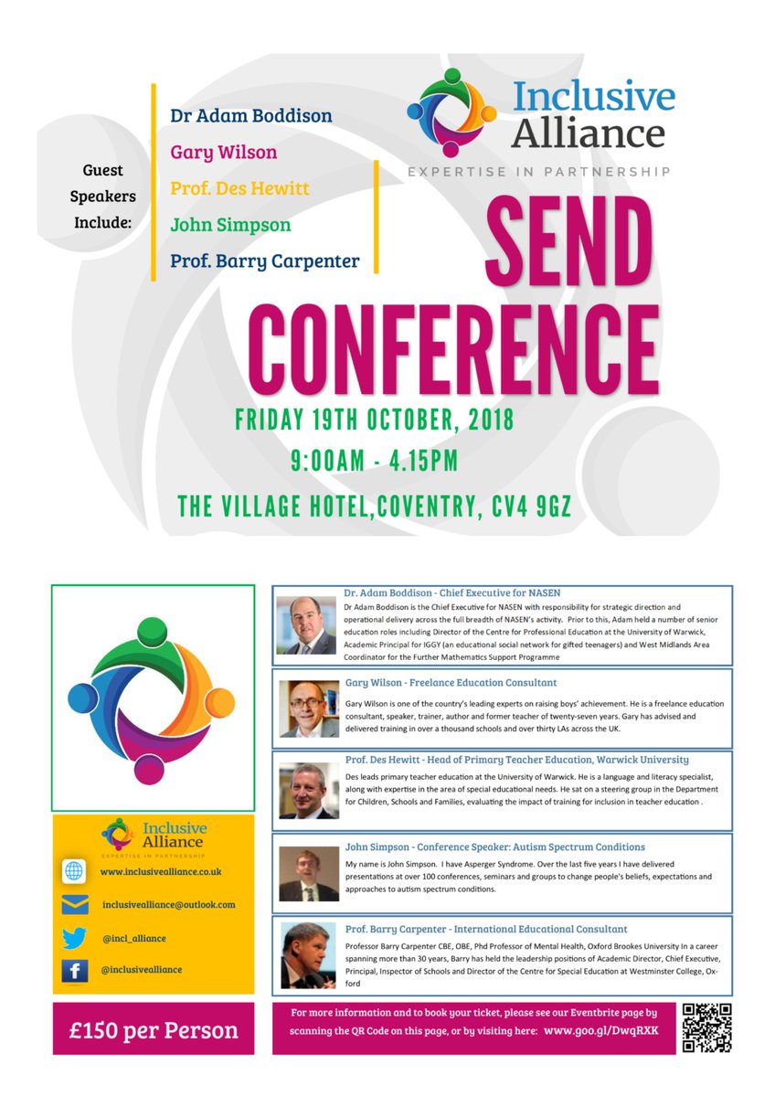We still have some spaces available for our SEND Conference, which is taking place in October. Please sign up for your space here: goo.gl/DwqRXK or via the QR Code below.